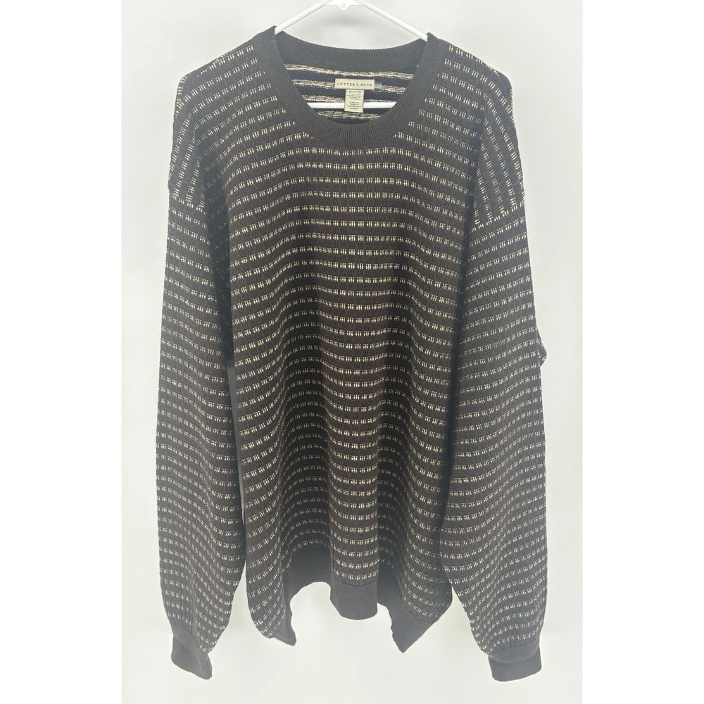 Vintage Cutter & Buck Striped Crewneck Sweater Mens 2XLT Brown 100% Wool Knit